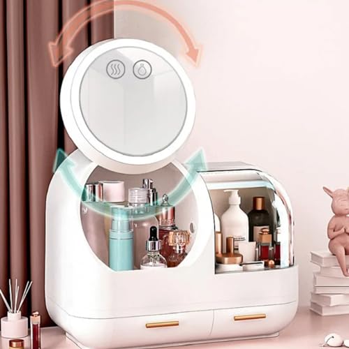HURRISE Estuche de maquillaje con ventilador de espejo, organizador de maquillaje portátil con espejo y luz LED, vitrina de almacenamiento de