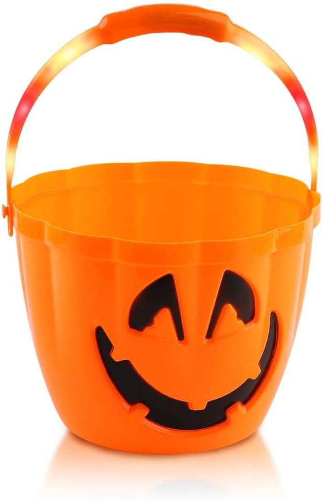 The Electric Mammoth Cubo de calabaza de Halloween con 3 ajustes intermitentes, soporte grande para bolsa de dulces para niños, luces brillantes y