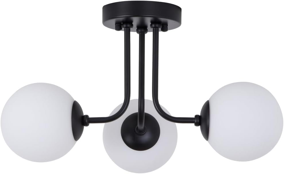 Lámpara de techo moderna semiempotrada de 3 luces, pantalla de vidrio blanco y negro, lámpara de techo semiempotrada, candelabros Sputnik para