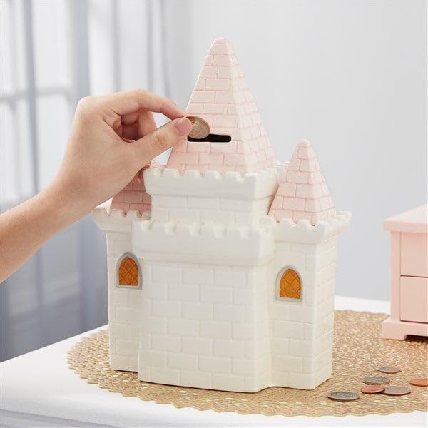 Personalization Universe Banco de cerámica rosa castillo de princesa, alcancía personalizable para niños, niñas, caja de ahorro de dinero grande,
