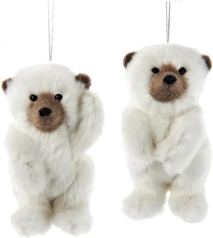 The Bridge Collection Adornos de oso polar, juego de 2, adornos de oso polar peludo para decoración navideña, adornos de árbol de Navidad de