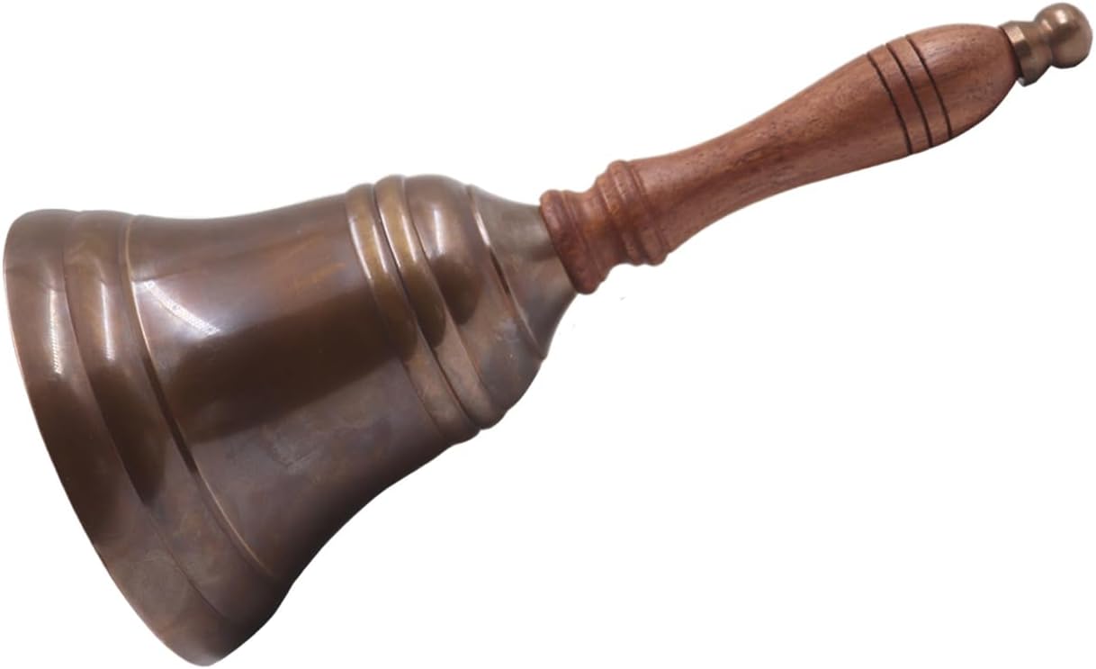Campana de mano de latón antiguo de 8.5 pulgadas de alto y 4 pulgadas de profundidad, campana de latón macizo con mango de madera, perfecta para
