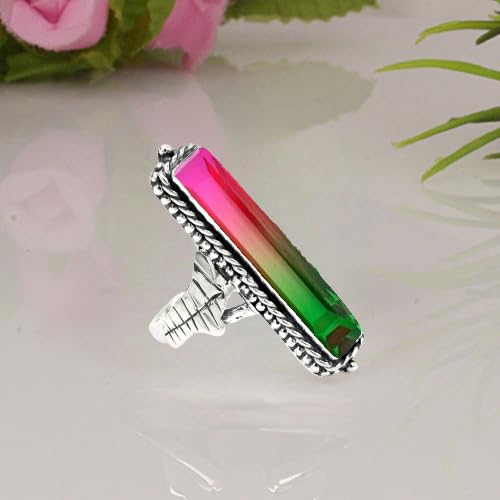 Watermelon Tourmaline Gemstone Ring 925 Sterling Silver Multicolor Stone Ring Handmade Long Rectangle Bar Ring For Women Elegant Tourmaline Jewelry