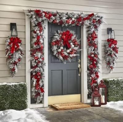 Corona navideña roja y blanca para puerta delantera, guirnalda de Navidad inalámbrica para colgar en la pared, decoración de interiores y exteriores