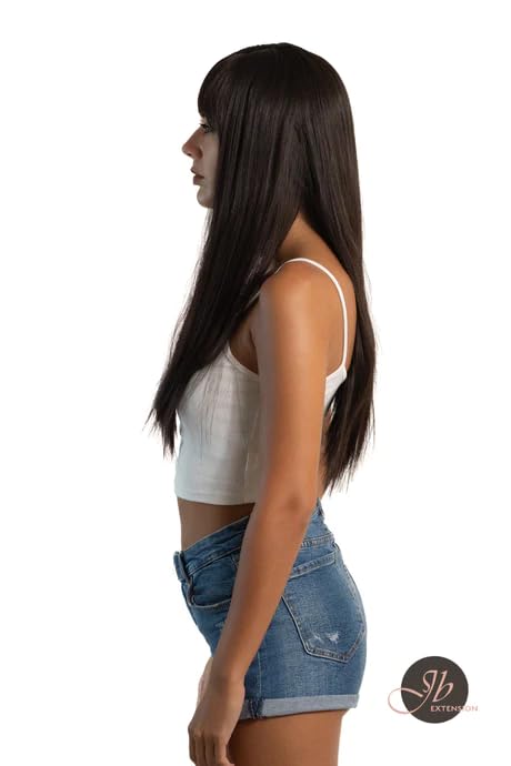 LUNA – Peluca larga y lacia de color negro natural con flequillo completo, para usar y llevar, sin pegamento, pelucas sintéticas naturales para uso