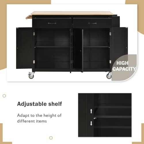 Elefesign – Carrito de isla de cocina con parte superior de madera maciza y ruedas de bloqueo, 54.3 pulgadas de ancho, armario de 4 puertas y dos