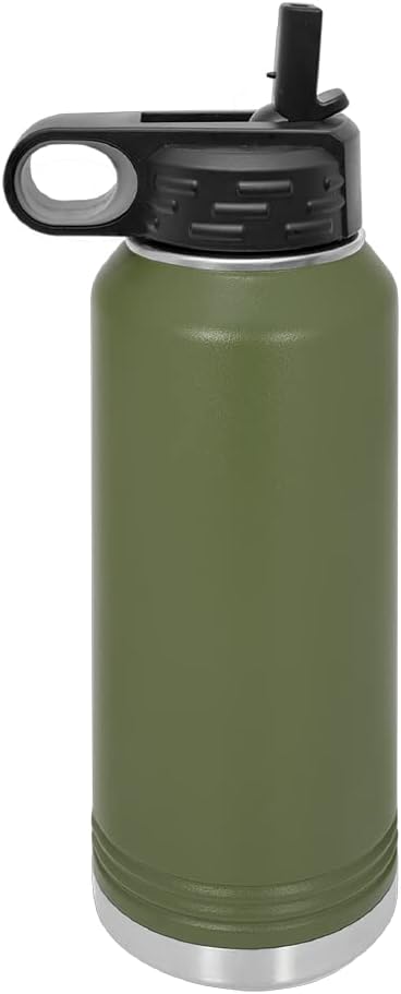 LaserGram Botella de agua de doble pared abatible de 40 onzas con pajilla, dinosaurio Tiranosaurio Rex, grabado personalizado incluido (verde
