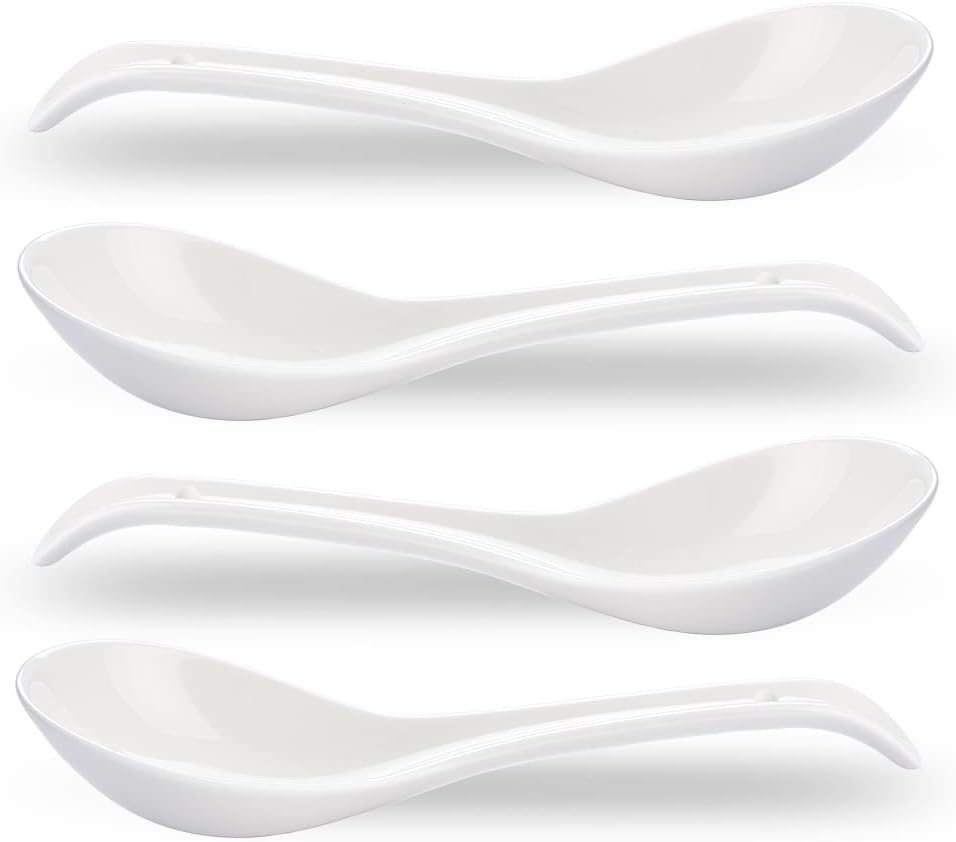 Juego de 4 cucharas de sopa de porcelana, cucharas de sopa china de cerámica de 6.6 pulgadas, cucharas de sopa asiáticas, cucharas de ramen
