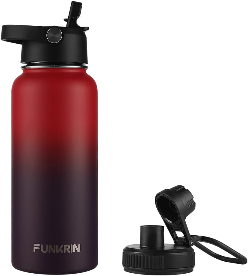 Funkrin Botella de agua aislada con tapa de popote y tapa de boquilla, taza de viaje personalizada de acero inoxidable al vacío de 32 onzas, a