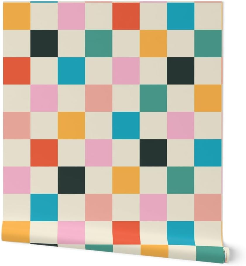 Spoonflower Papel tapiz autoadhesivo de 12 x 2 pies, papel tapiz retro de ajedrez rosa y naranja, moderno, multicolor, papel tapiz extraíble