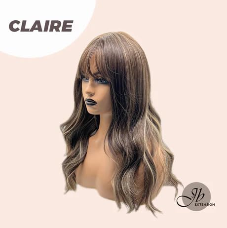 Peluca rizada marrón con reflejos CLAIRE con flequillo, pelucas sin pegamento para mujer, pelucas de cabello largo sintético natural para uso diario