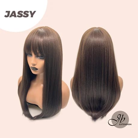 JASSY – Peluca de cabello largo natural liso marrón con flequillo completo, para usar y llevar, sin pegamento, pelucas sintéticas naturales para uso
