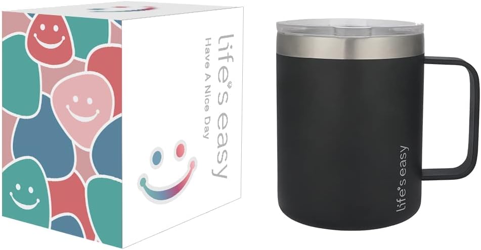 Life’s Easy Taza de acero inoxidable de 12 onzas con asa, vaso de viaje aislado de doble pared con tapa abatible, taza térmica para café, agua,