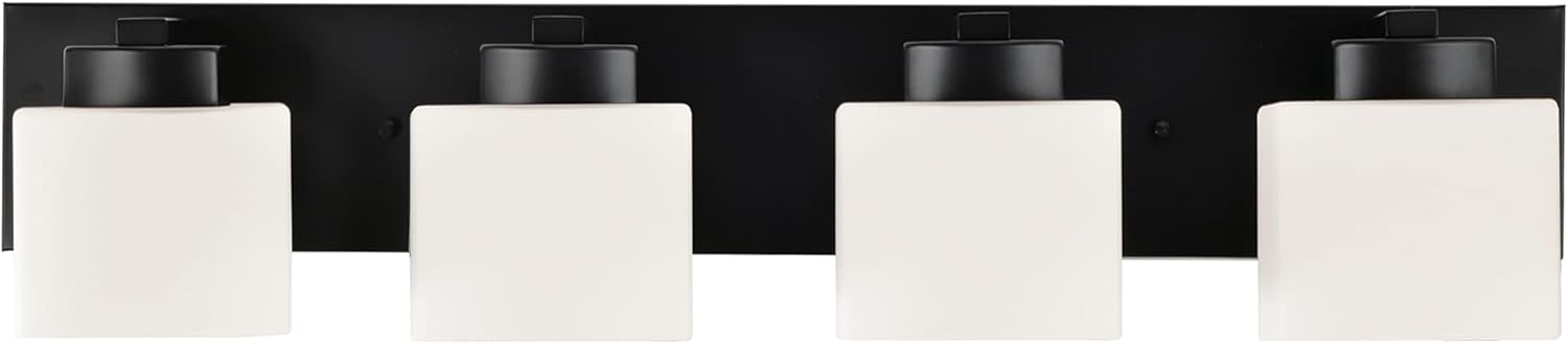 Design House 588426 Dove Creek – Lámpara de tocador regulable con vidrio esmerilado para espejo de baño, negro mate, 4 luces