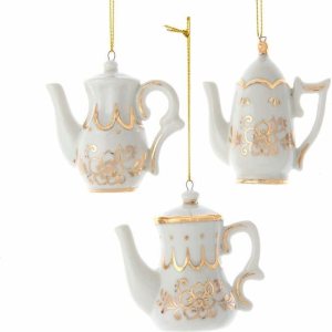 Adornos de tetera blanca y dorada, 3 surtidos Adornos de tetera blanca y dorada, 3 surtidos