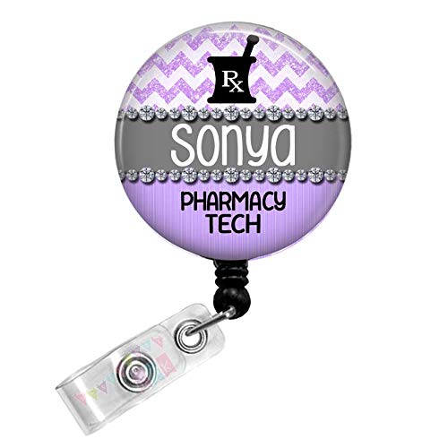 Pharmacy Tech – Rx – Personalized – Bling – Purple – Glitter Chevron – Button Badge Reel – BR0279