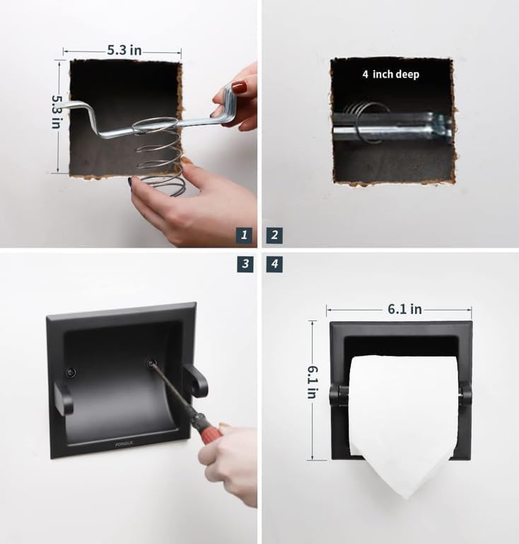 Moderno juego de toalleros de papel higiénico empotrables de color negro mate, soporte de pared de metal duradero para ahorrar espacio, diseño de