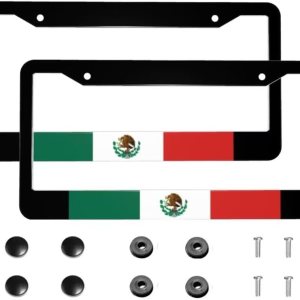 Marcos de matrícula con bandera mexicana, decoración de bandera, etiquetas de automóvil, cubiertas de metal de aluminio negro, soportes Marcos de matrícula con bandera mexicana, decoración de bandera, etiquetas de automóvil, cubiertas de metal de aluminio negro, soportes