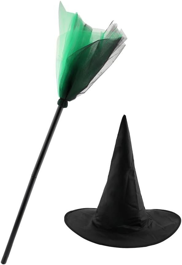 EMVANV Juego de 2 sombreros de escoba de bruja de Halloween, sombreros negros de bruja de Halloween, escobas de bruja de Halloween desmontables,