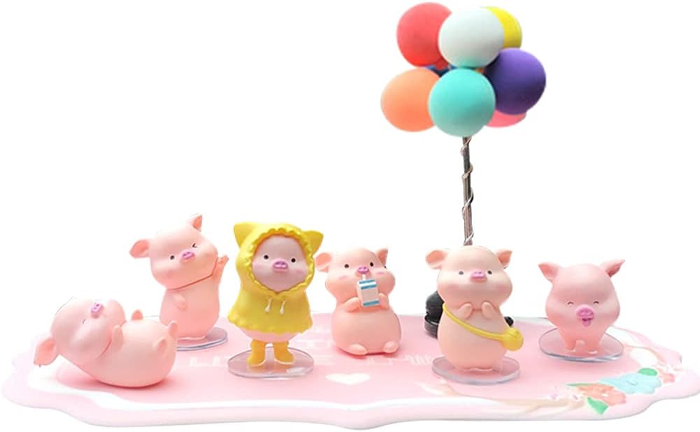 Adornos de juguete de cerdito de la suerte, 6 piezas de lindo cerdo con globo, decoración de tablero de automóvil, muñeca de cerdo temblorosa,