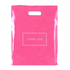 Purple Q Crafts Bolsas de compras de plástico troqueladas rosadas con logotipo de agradecimiento de 12 x 15 pulgadas, con asas, paquete de 100 Purple Q Crafts Bolsas de compras de plástico troqueladas rosadas con logotipo de agradecimiento de 12 x 15 pulgadas, con asas, paquete de 100