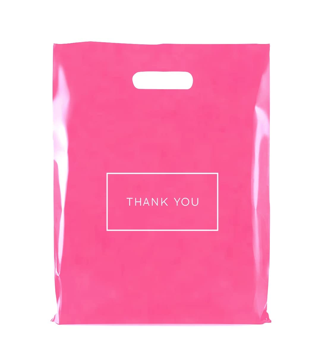 Purple Q Crafts Bolsas de compras de plástico troqueladas rosadas con logotipo de agradecimiento de 12 x 15 pulgadas, con asas, paquete de 100