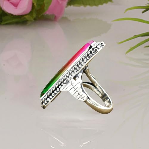 Watermelon Tourmaline Gemstone Ring 925 Sterling Silver Multicolor Stone Ring Handmade Long Rectangle Bar Ring For Women Elegant Tourmaline Jewelry