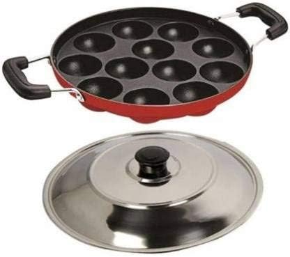 Antiadherente Appam Maker 12 cavidades Appam Patra Pan con 2 asas laterales y tapa de acero inoxidable
