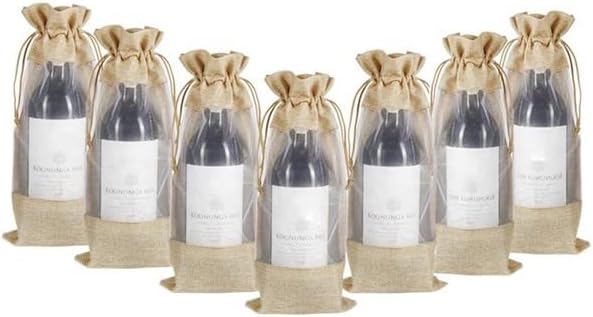 Bolsas de vino de arpillera premium, 10 bolsas de regalo de vino de yute natural con cordón y ventana transparente para fiestas de cata de vinos,