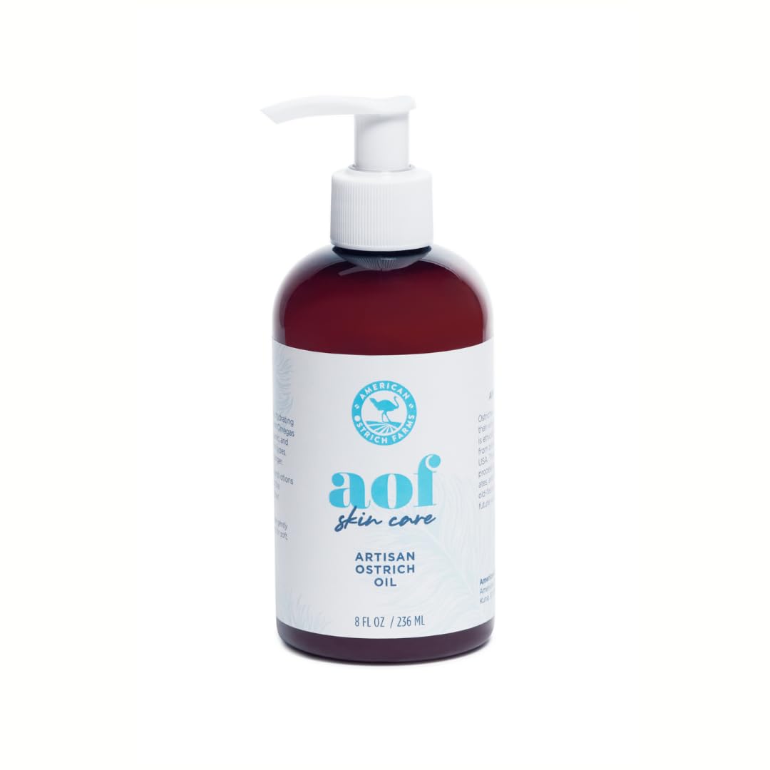 American Ostrich Farms Aceite de avestruz 100% puro, fabricado en Estados Unidos, hidratante natural para la piel rica en omega, botella de 8 onzas,