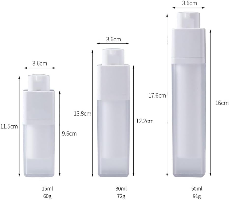 Dispensadores de esencia cuadradas, botellas de bomba sin aire esmeriladas, botellas de bomba vacías recargables de plástico para base, crema y