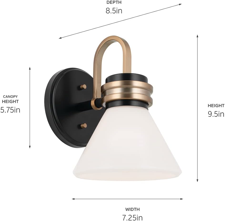 Kichler Farum – Aplique de pared con 1 luz de 9.5 pulgadas con cristal de ópalo en negro con bronce champán