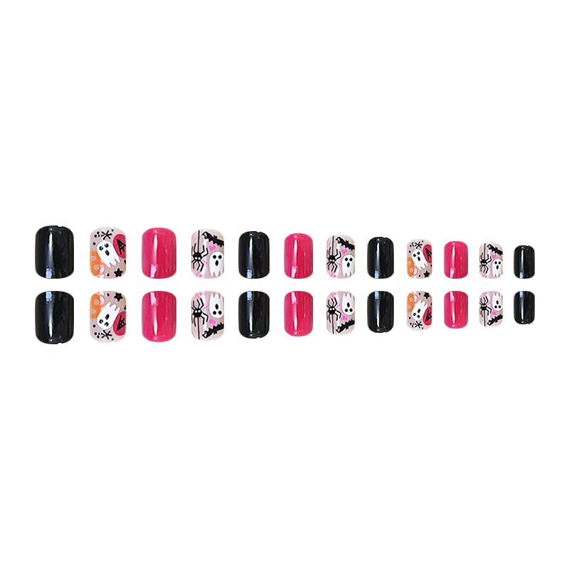 Uñas postizas cortas a presión de Halloween, uñas postizas cuadradas con diseños de fantasma, araña, murciélago, uñas acrílicas negras, uñas con