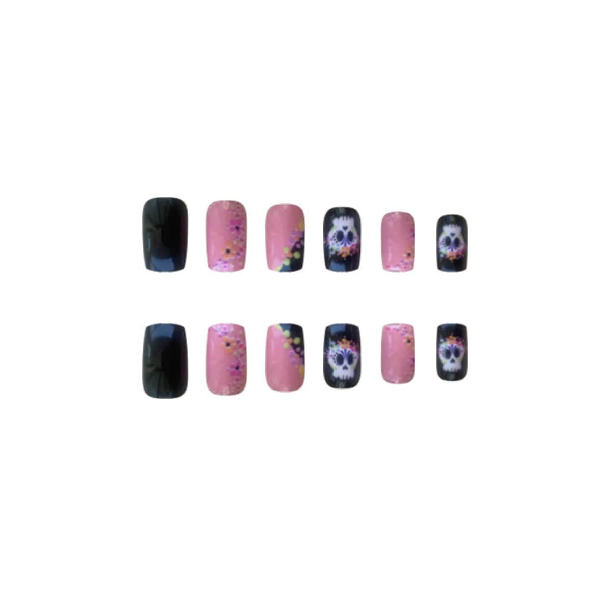 Uñas postizas a presión de Halloween, cuadradas, medianas, color rosa, negro, gótico, calavera, flores, diseños de flores, uñas postizas acrílicas
