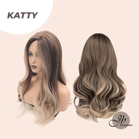 KATTY – Peluca larga y rizada de color marrón oscuro con reflejos ondulados, sin pegamento, pelucas sintéticas naturales para uso diario (pelucas de