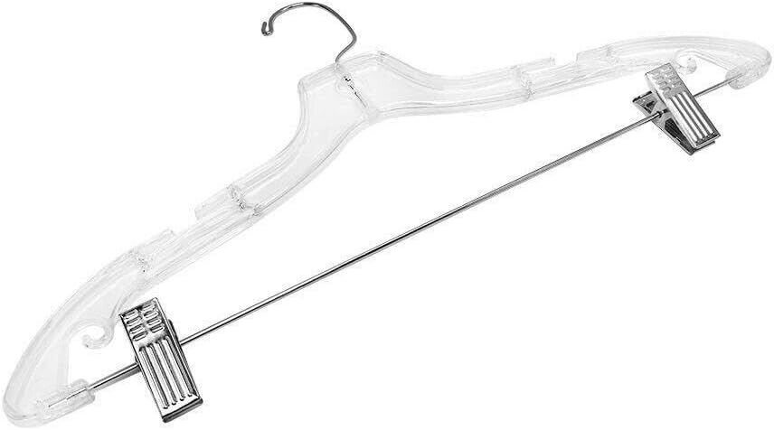 100 perchas de plástico transparente de 17 pulgadas, clips de zinc giratorios de metal y gancho para colgar, uniforme de servicio, perchas de ropa,
