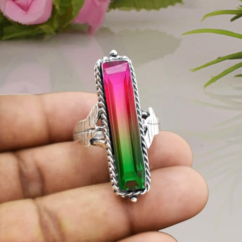 Watermelon Tourmaline Gemstone Ring 925 Sterling Silver Multicolor Stone Ring Handmade Long Rectangle Bar Ring For Women Elegant Tourmaline Jewelry