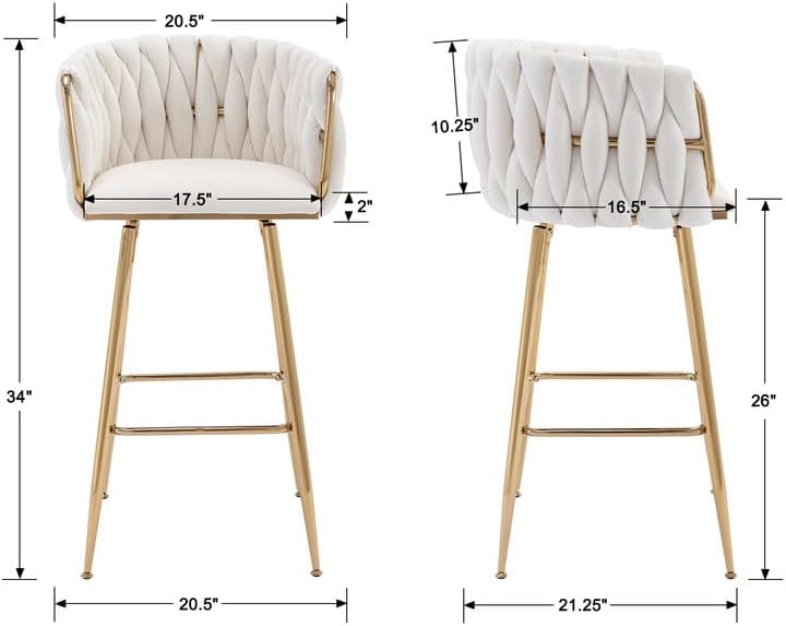 LukeAlon Juego de 2 taburetes modernos de terciopelo para mostrador, giratorios de 360 de 26 pulgadas de altura de asiento bajos con patas doradas,