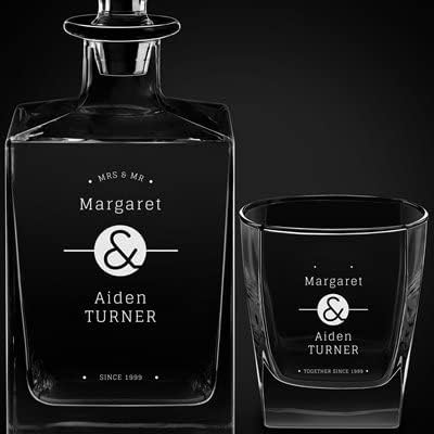 Maverton Juego de decantador de whisky grabado para parejas, dispensador de bebidas elegante personalizado para aniversario, 6 vasos de whisky con