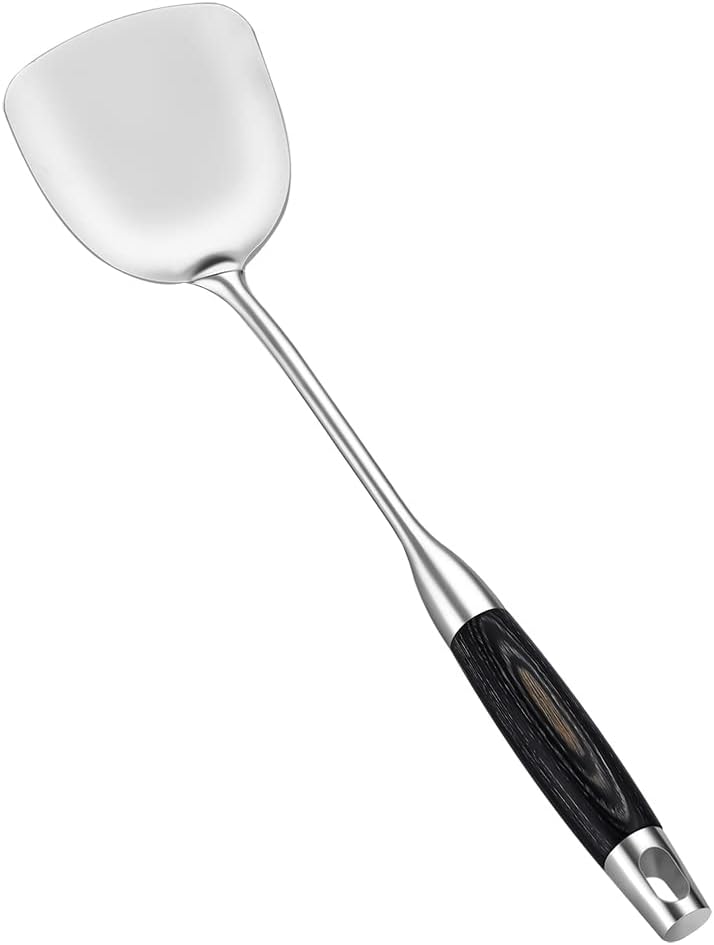 Utensilios de cocina Espátula de metal Wok 188 304 espátula de acero inoxidable con mango de madera resistente al calor, plata15.5 pulgadas