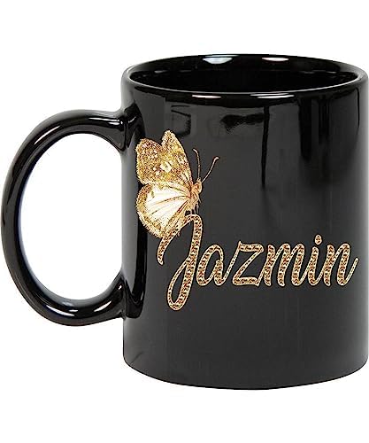 Coffee Mug Personalized Jazmin Name Customized Mug with Name Gold Butterfly Text Mug Gift for Women, Her, Girl 11oz Black Mug 330303 496639