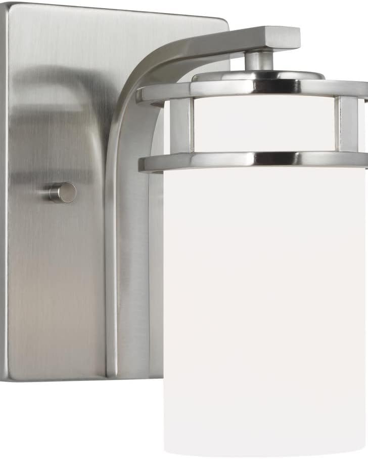 Generation Lighting 4121601-112 Robie – Lámpara de pared cilíndrica de vidrio blanco y grabado, 1 luz de 75 vatios, 8 pulgadas de alto x 5 pulgadas