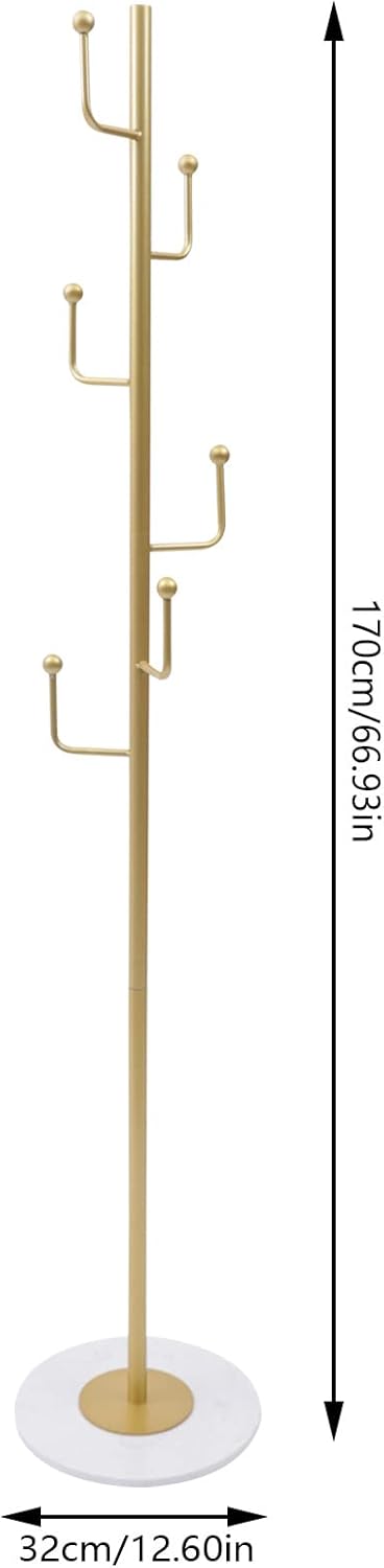 Perchero con 6 ganchos de 66.93 pulgadas de metal moderno independiente, abrigo de árbol con base de mármol para colgar sombreros, bolsos, bolsos,