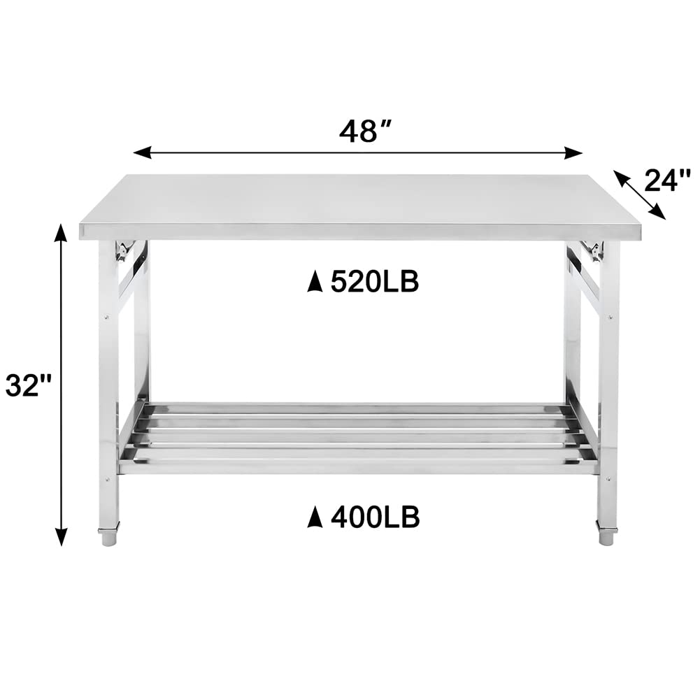 GAOMON Mesa de acero inoxidable de 48 x 24 pulgadas, mesa de comedor portátil para campamento, picnic, fiesta, isla de cocina, mesa de preparación