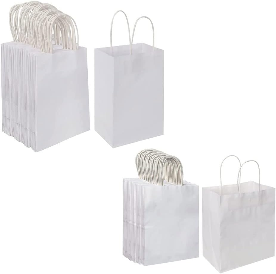 Oikss Cada paquete de 100 bolsas de regalo de papel kraft blanco pequeño y mediano con asas a granel