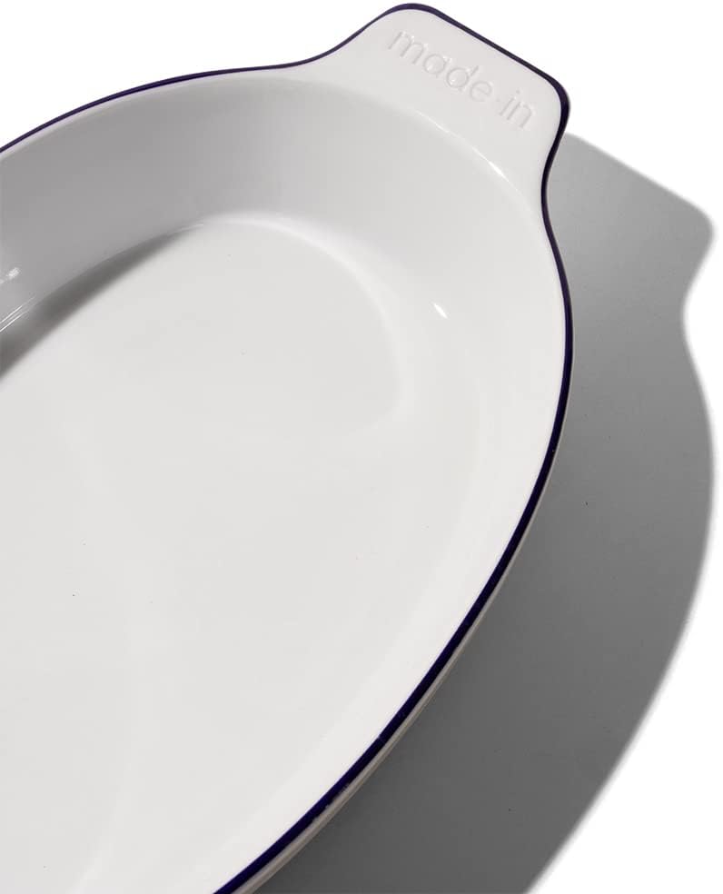Made In Utensilios de cocina – Plato ovalado para hornear – Borde azul marino – Porcelana hecha a mano – Utensilios para hornear profesionales –