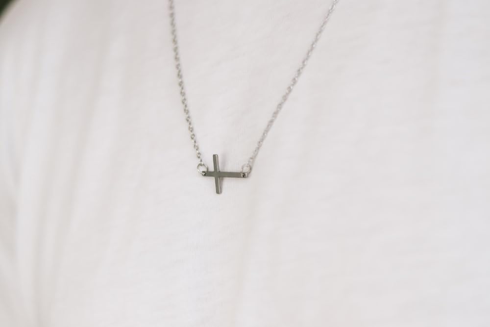 Sideways cross necklace for men, mens necklace waterproof cross pendant, silver chain groomsmen gift for him, christian catholic necklace