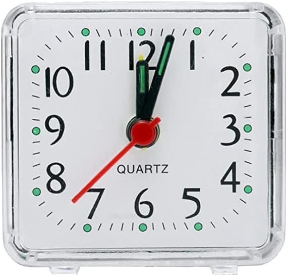 Reloj despertador blanco pequeño cuadrado transparente de cuarzo con pitido de mesa silencioso, reloj de noche silencioso con pilas, relojes de mesa