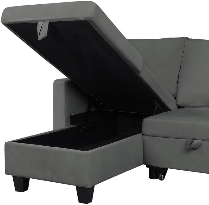 Sofá cama modular convertible en forma de L de 82.5 pulgadas con diván de almacenamiento y cama extraíble, sofá esquinero reversible tapizado de