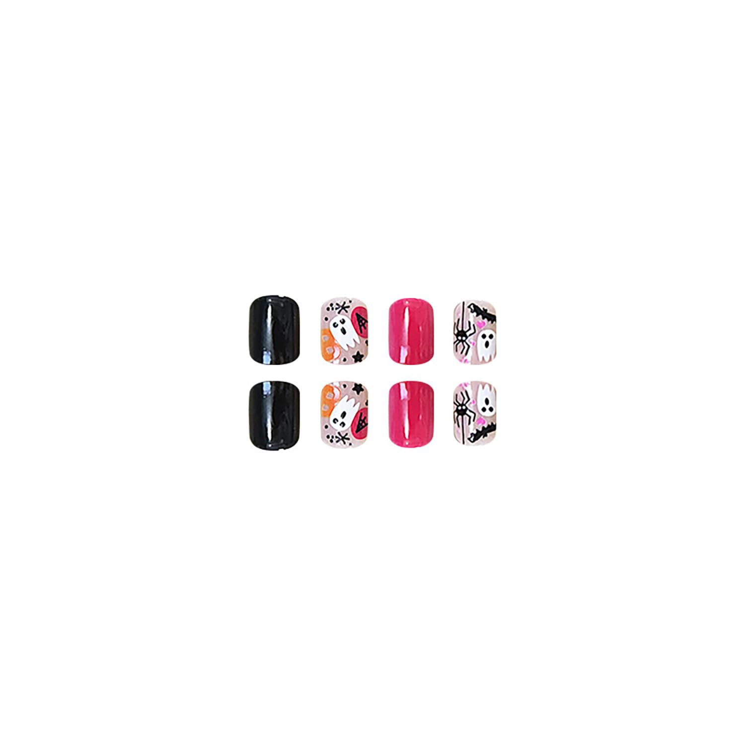 Uñas postizas cuadradas cortas a presión, uñas postizas de Halloween, uñas acrílicas rosas y negras, fantasma, araña, murciélago, diseños de